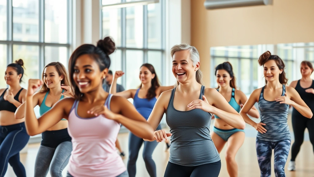 Diverse group of people exercising together in modern gymnasium during group fitness class, smiling and engaged, showing community and wellness commitment in contemporary fitness environment