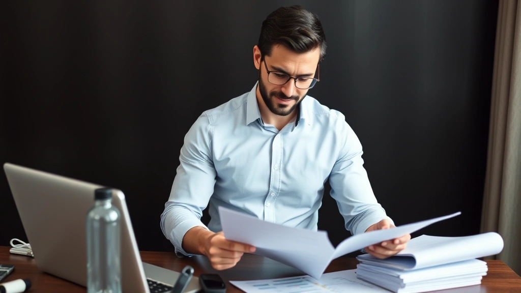 Successful professional man in business casual attire reviewing financial documents at desk with visible wellness elements like water bottle and fitness tracker, representing integrated health and wealth building