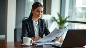 Professional woman in business attire reviewing financial documents at a modern desk with laptop and coffee, natural lighting from office window, confident expression