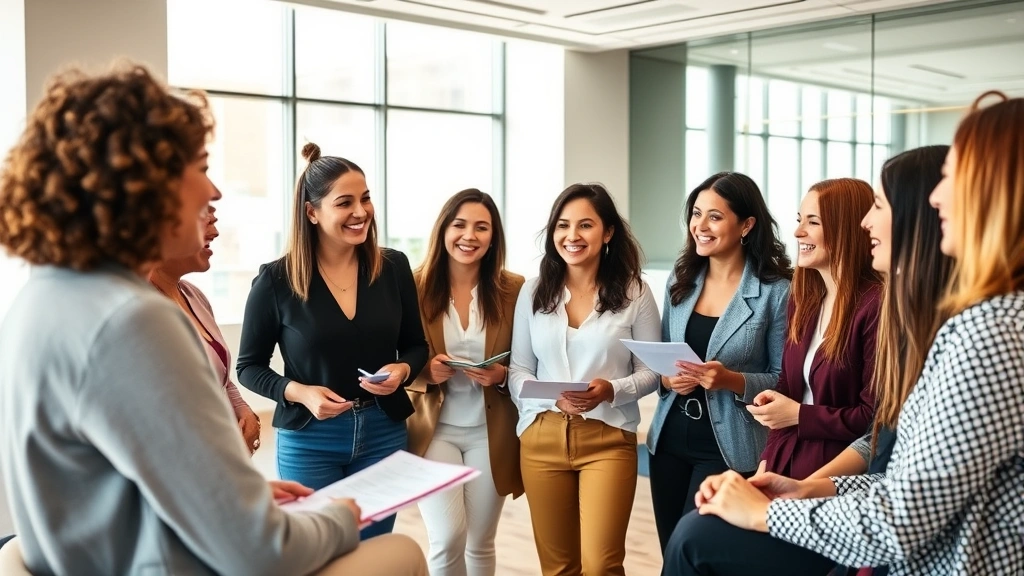 Diverse group of women in casual professional clothing having an engaging discussion in a bright conference room, smiling and taking notes, collaborative atmosphere