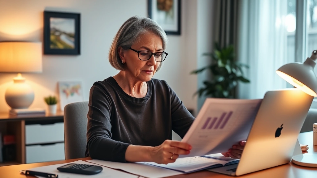 Woman in her 50s reviewing retirement portfolio documents at home office desk, warm lighting, surrounded by financial planning materials and calculator, peaceful setting