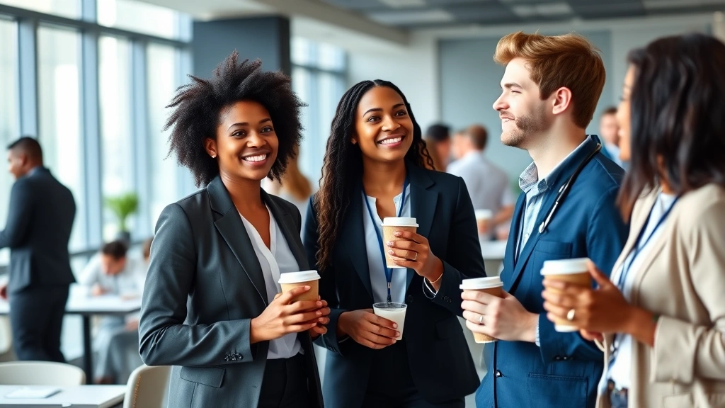 Young diverse professionals in business casual attire networking at healthcare conference, smiling, holding coffee cups, modern conference room background, natural daylight