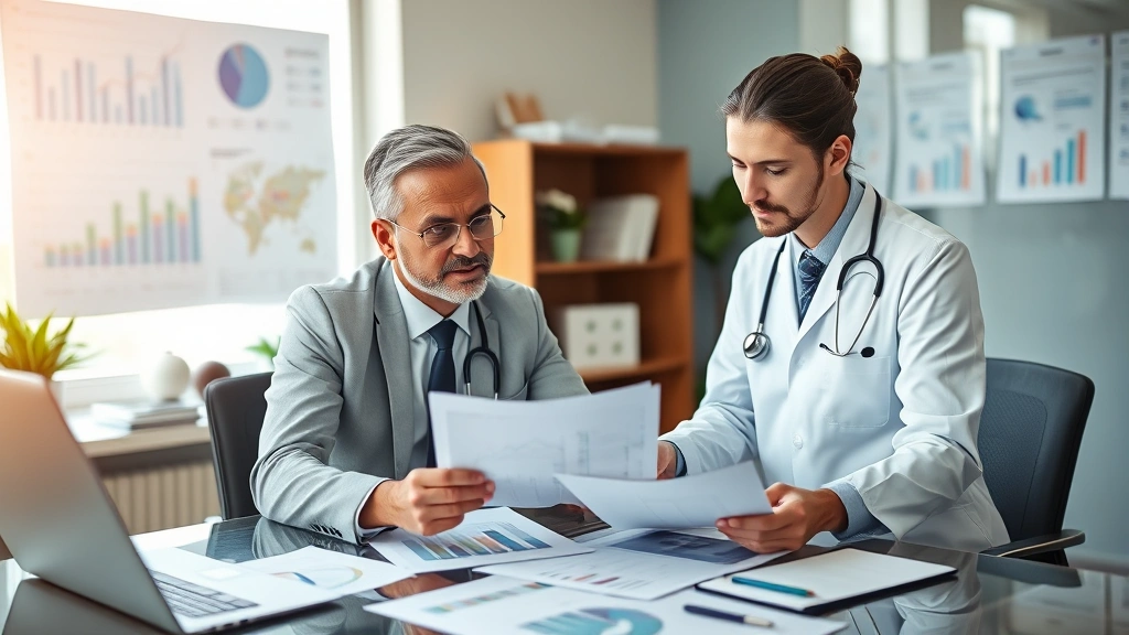 Financial advisor and healthcare professional reviewing investment portfolio documents at desk, charts and graphs visible, professional office setting, collaborative atmosphere