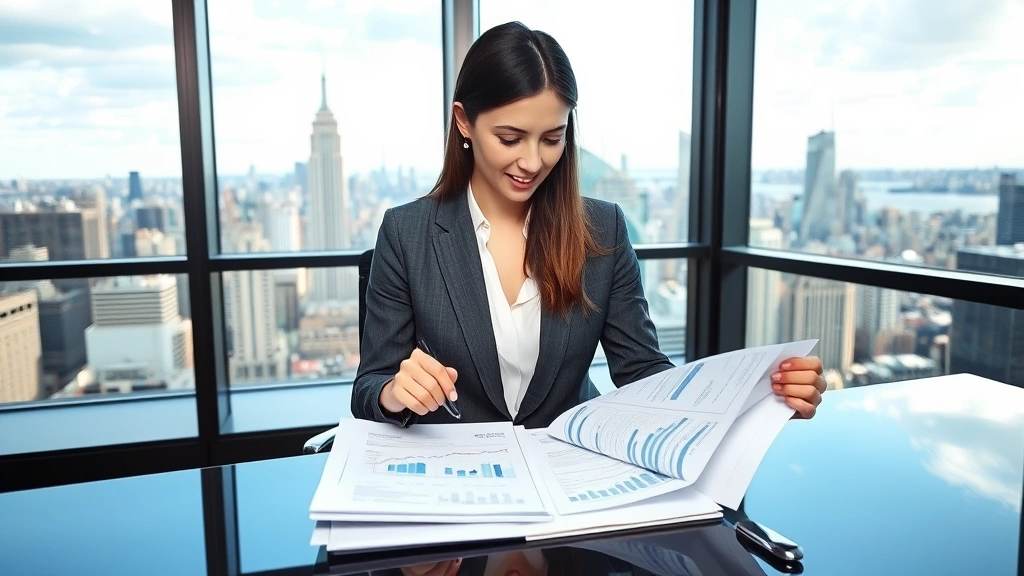 Professional woman in business attire reviewing financial documents and investment portfolio at modern Manhattan office desk with city skyline visible through windows