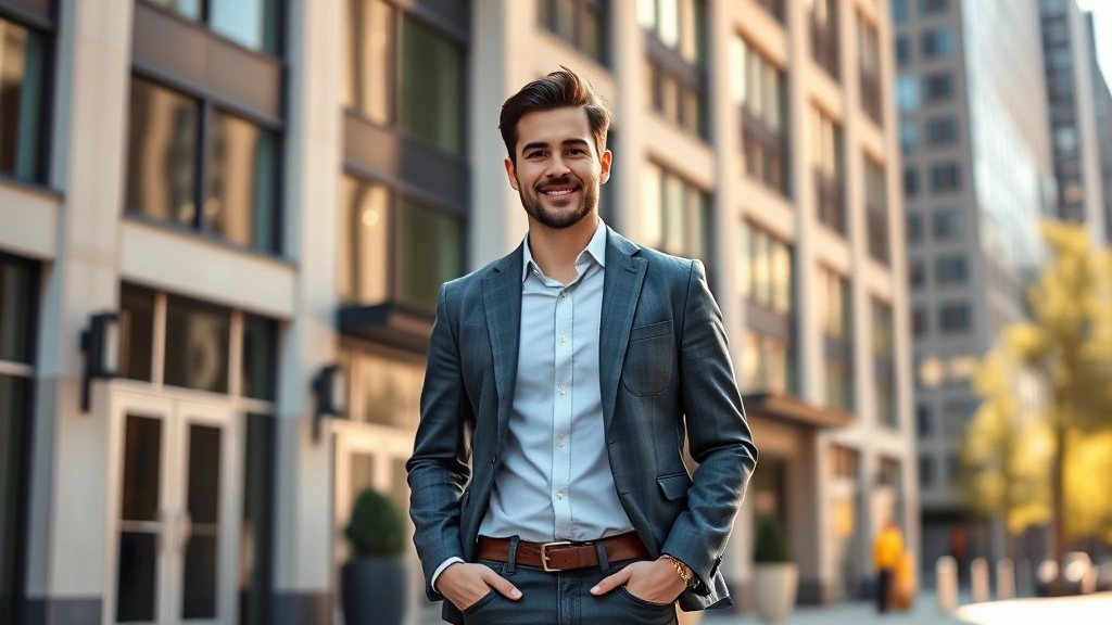 Successful entrepreneur in casual business wear standing confidently in front of contemporary NYC building, morning sunlight, urban professional setting, confident posture