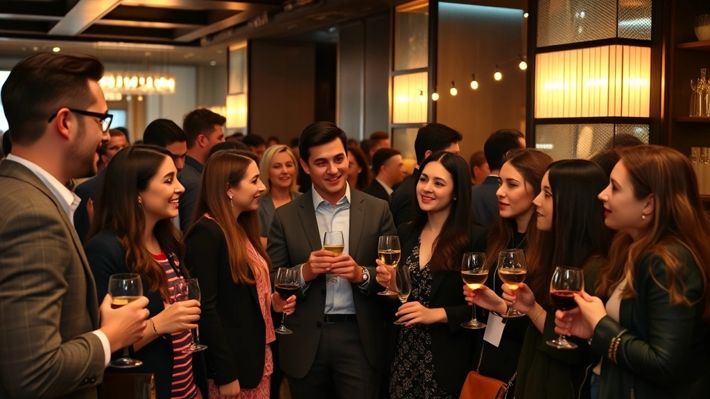 Diverse group of young professionals networking at upscale Manhattan event venue, holding glasses, engaged conversation, modern interior design, prosperity atmosphere