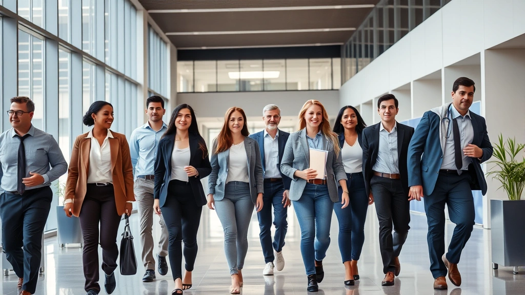 Diverse group of professionals in business casual attire walking together in a modern office building lobby, projecting confidence and health