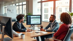 Professional financial advisor meeting with diverse clients in modern office setting, analyzing investment portfolio on computer screens, natural lighting, warm colors