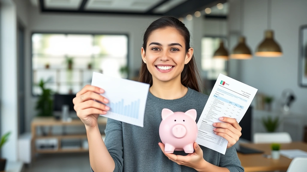 Young professional celebrating financial milestone, holding piggy bank or investment statement, confident smile, modern home office background