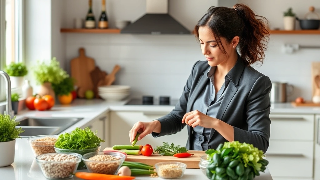 Professional woman in business casual attire meal prepping fresh vegetables and whole grains in a bright, modern kitchen with natural lighting