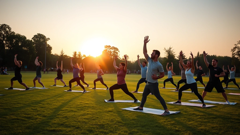 Diverse group of people exercising outdoors in a park doing bodyweight exercises and stretching on grass during sunrise or golden hour