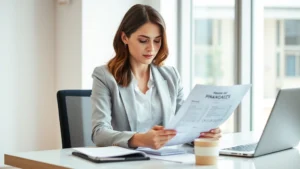 Professional woman in business casual attire reviewing financial documents at a modern desk with laptop, notebook, and coffee, natural lighting from window, calm confident expression