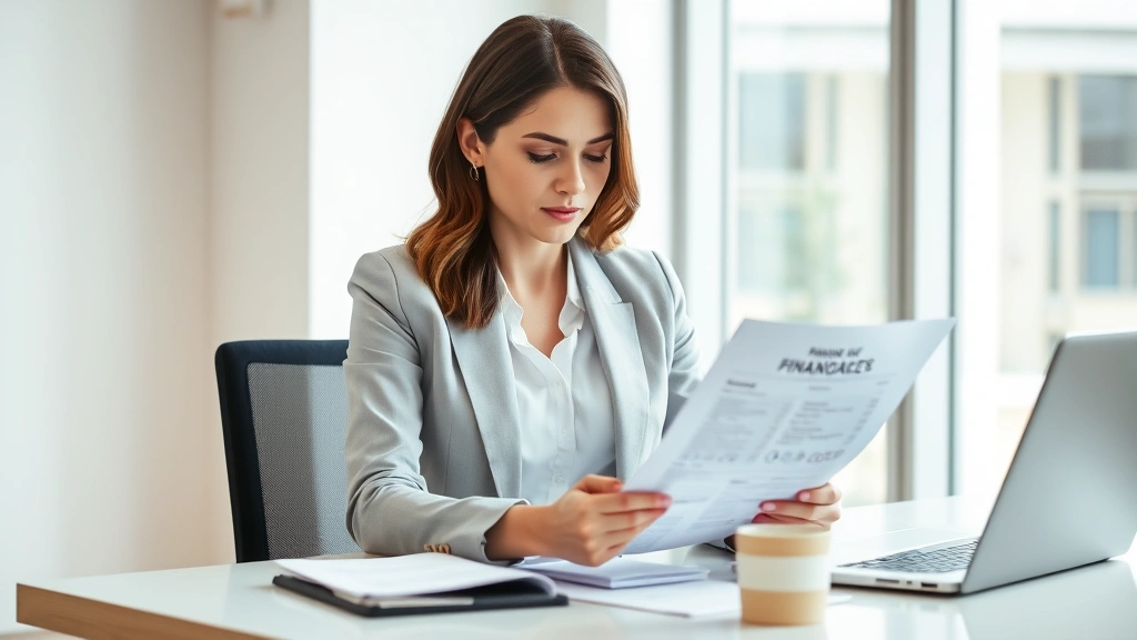 Professional woman in business casual attire reviewing financial documents at a modern desk with laptop, notebook, and coffee, natural lighting from window, calm confident expression