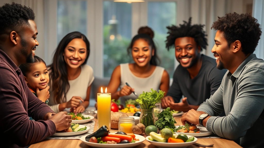 Young diverse family having dinner together at home table with fresh vegetables and healthy food, warm home lighting, genuine smiles and connection, representing health and prosperity