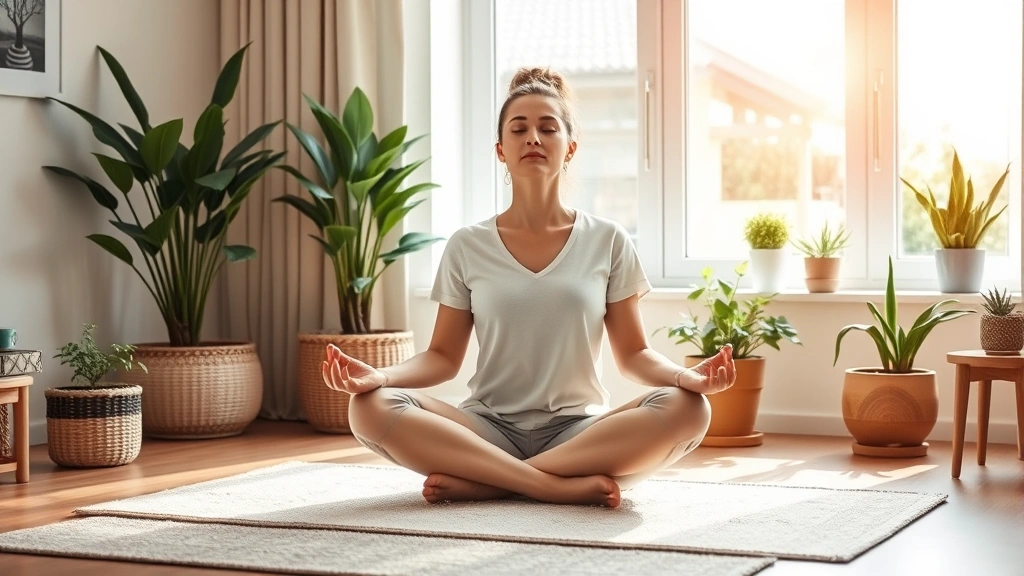 Person sitting cross-legged meditating in peaceful home environment with plants, natural window light, serene expression, embodying wellness and financial peace of mind