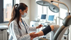 Professional healthcare practitioner in white coat performing blood pressure check on patient in modern London medical clinic with natural lighting and contemporary medical equipment