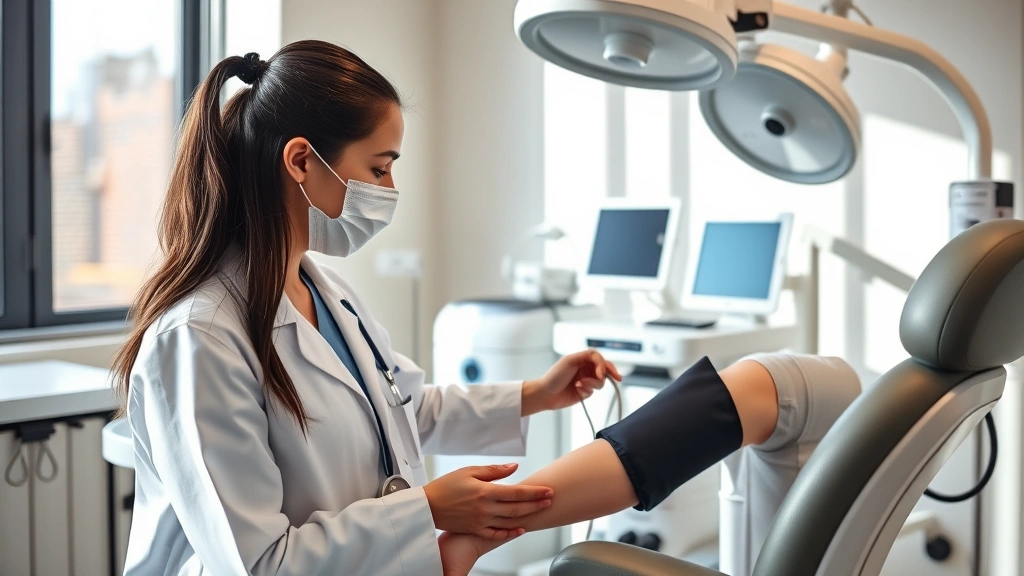 Professional healthcare practitioner in white coat performing blood pressure check on patient in modern London medical clinic with natural lighting and contemporary medical equipment