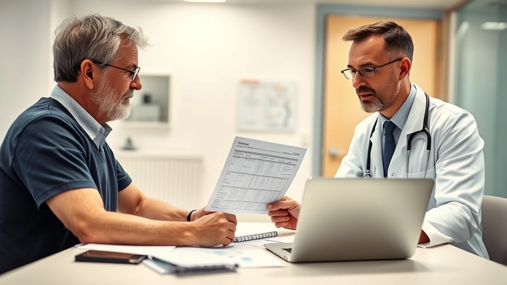 Middle-aged patient reviewing health test results with experienced doctor at clean clinical desk with laptop and medical charts in bright London healthcare facility
