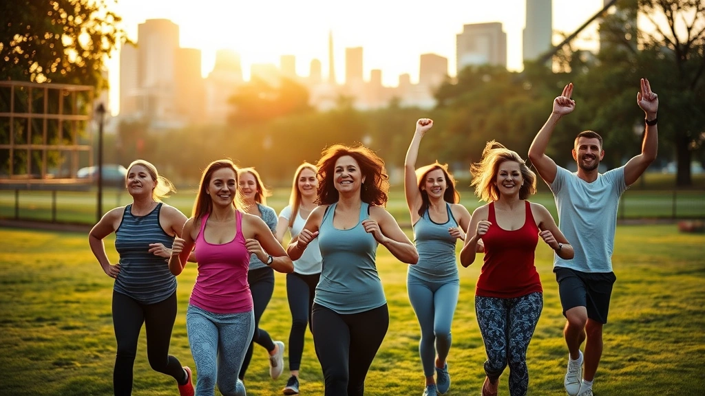 Diverse group of healthy adults exercising together in London park during golden hour, showing vitality and wellness with modern city skyline in soft focus background