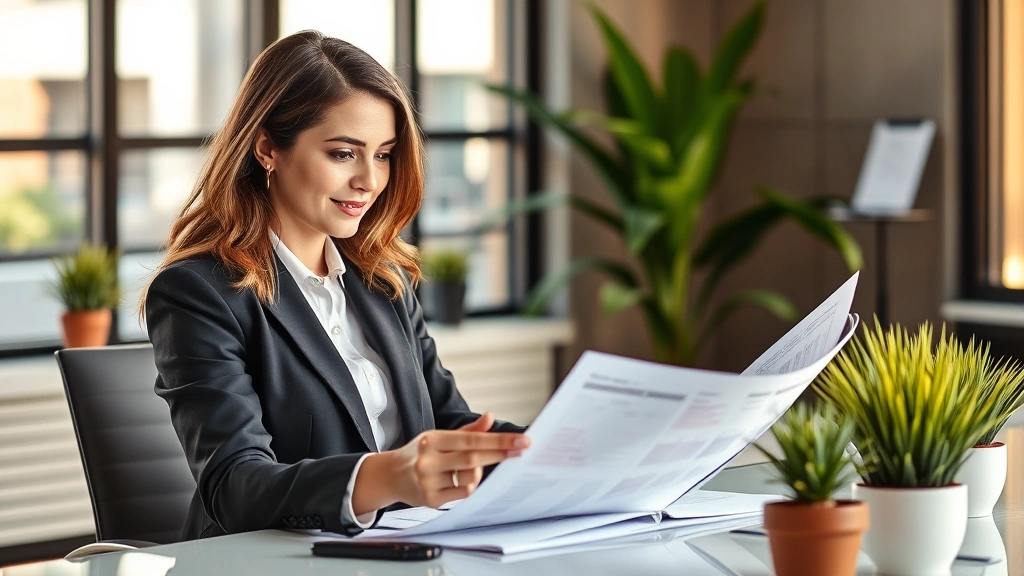 Professional woman in business attire reviewing financial documents at modern desk with plants, warm natural lighting, confident expression, contemporary office environment