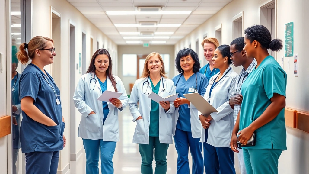 Diverse group of professionals in healthcare uniforms collaborating in bright modern clinic hallway, warm welcoming atmosphere, teamwork and community focus