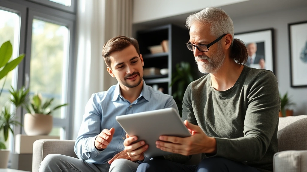 Mature financial advisor and young client reviewing investment portfolio on tablet in comfortable office, natural light streaming through windows, trust and guidance evident