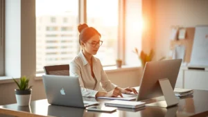 Professional woman working at modern desk with energy and focus, morning sunlight, healthy vitality, success-oriented environment, no text or charts visible