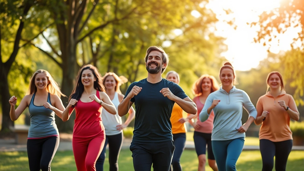Diverse group of healthy professionals exercising outdoors in park, vibrant energy, wellness optimization, collaborative spirit, no fitness equipment labels visible