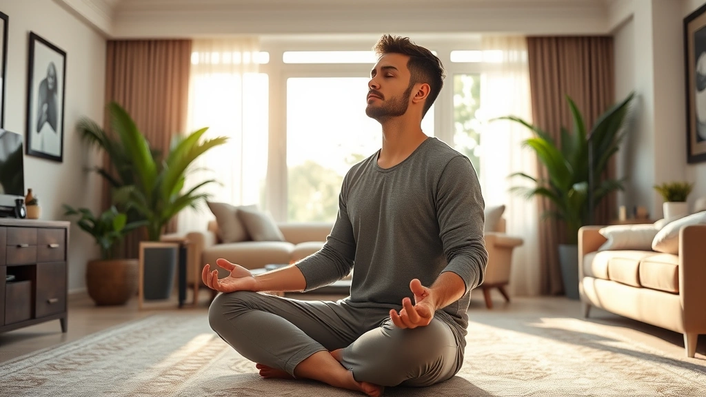 Affluent individual meditating peacefully in luxury home office, morning wellness routine, mental clarity and financial planning, serene wealth-building atmosphere, no products or text