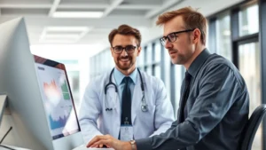 Professional healthcare administrator reviewing performance metrics on computer in modern hospital office with natural lighting, confident expression, wearing business casual attire
