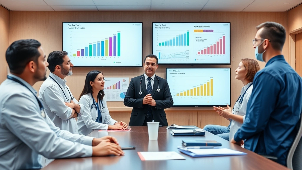 Diverse healthcare professionals collaborating in hospital conference room with digital displays showing organizational growth charts and career advancement diagrams