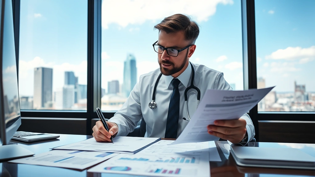 Healthcare executive reviewing financial planning documents and investment portfolio statements at desk with city skyline visible through office windows
