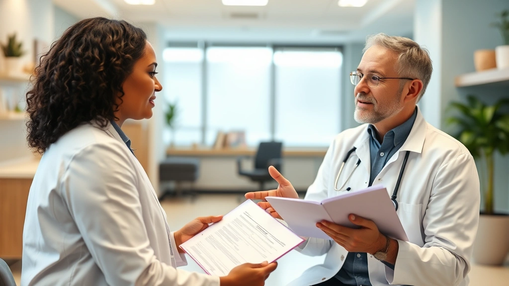 Professional healthcare provider in white coat consulting with patient in modern community medical center, warm lighting, emphasizing trust and preventive care consultation, patient holding health documents
