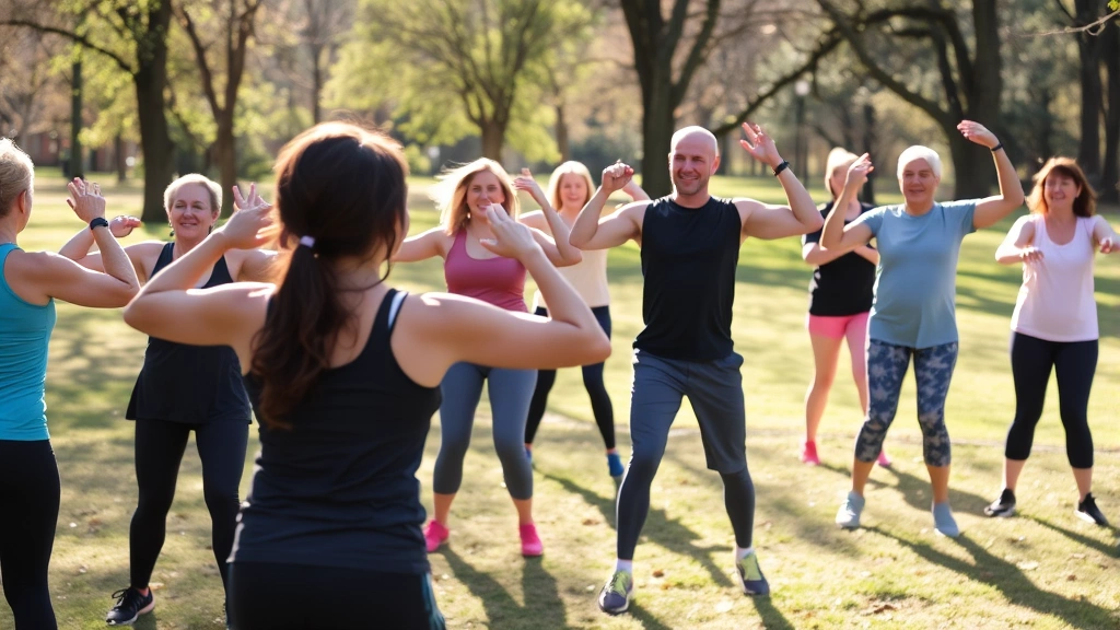 Diverse group of people exercising together outdoors in park setting, active fitness class, morning sunlight, people of various ages and fitness levels, community wellness emphasis