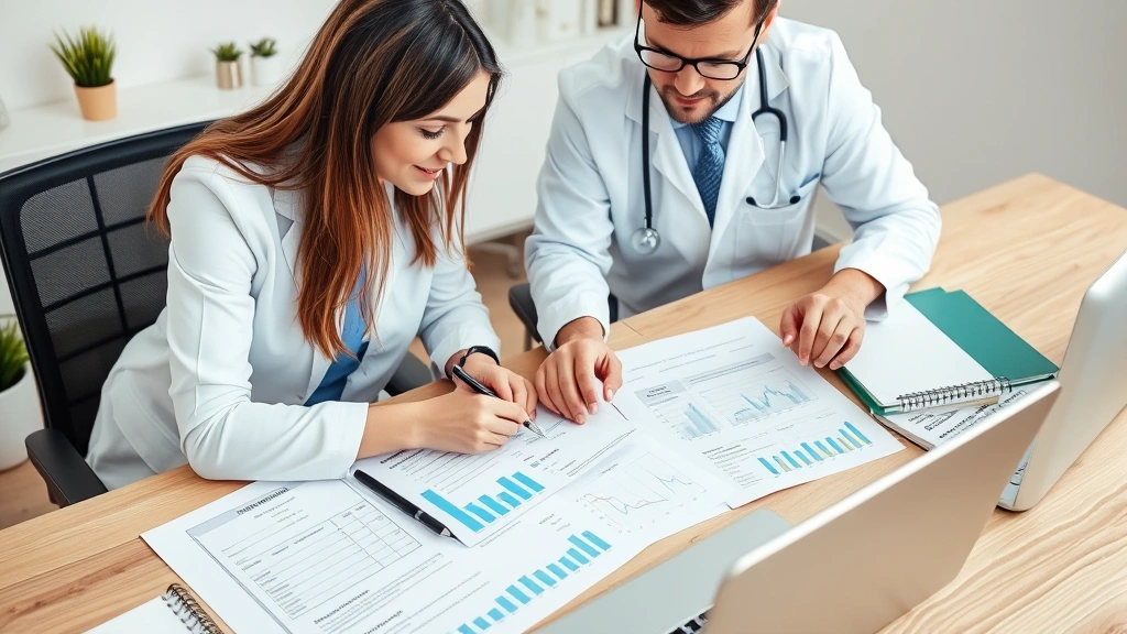 Financial advisor and healthcare professional collaborating over wellness and financial planning documents at desk, showing intersection of health and wealth, organized workspace, professional setting