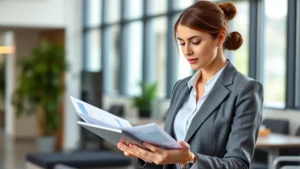 Professional woman in business attire reviewing financial documents on tablet in modern office, focused expression, natural lighting, wealth management concept