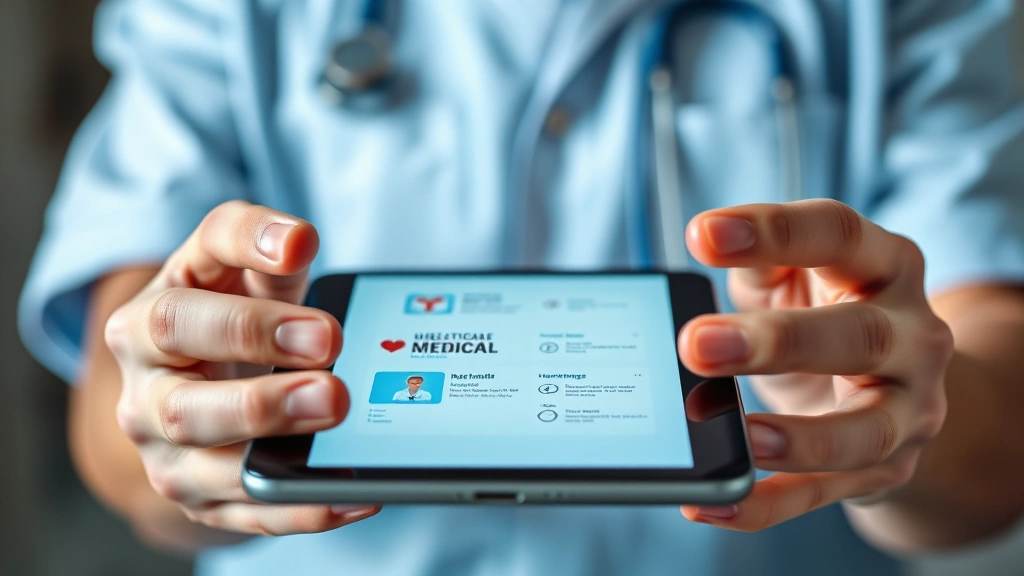 Close-up of hands holding digital device displaying healthcare app interface, medical records visible, clean modern design, healthcare technology theme