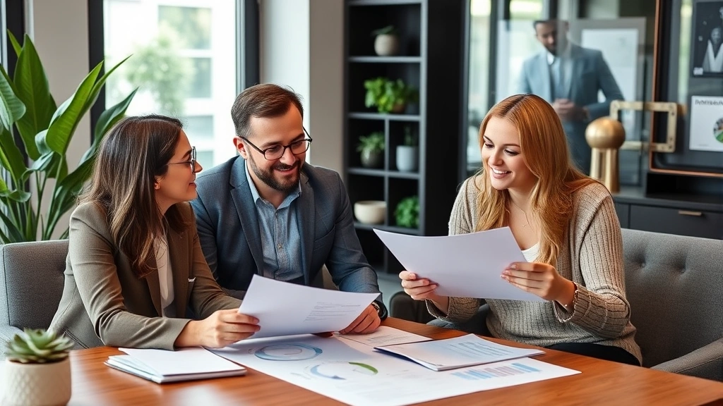 Diverse couple meeting with financial advisor in contemporary office, reviewing documents and charts, collaborative planning atmosphere, financial consultation