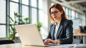 Professional woman in business attire analyzing financial data on laptop in modern office, natural light from windows, confident expression, wealth and success concept