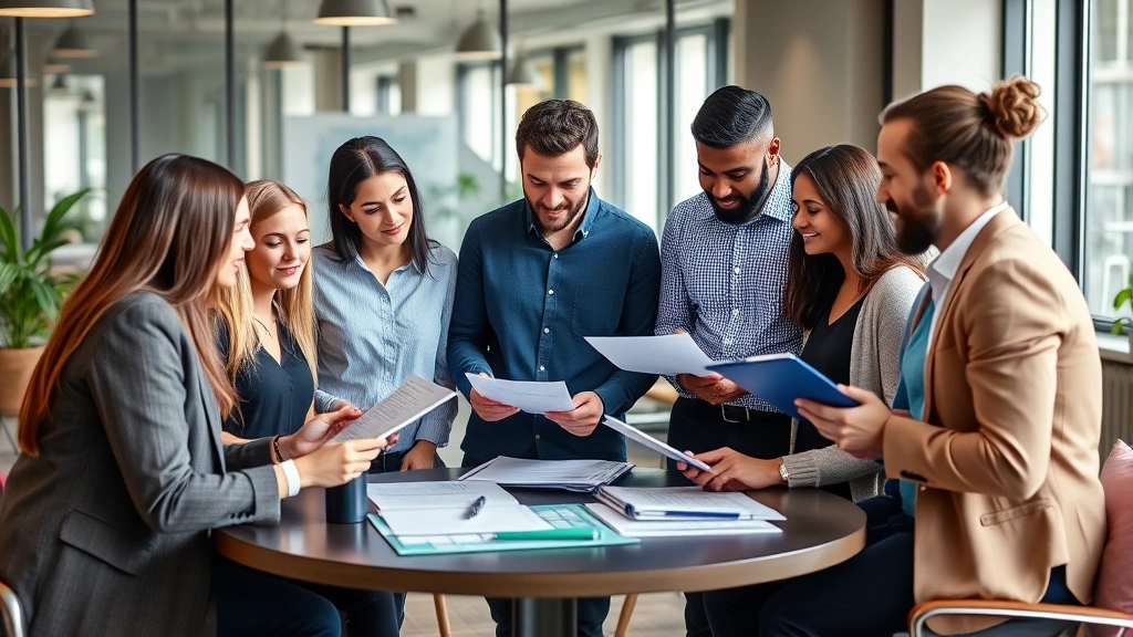 Diverse group of professionals in casual business setting discussing investment portfolio, reviewing documents together, collaborative atmosphere, financial planning meeting