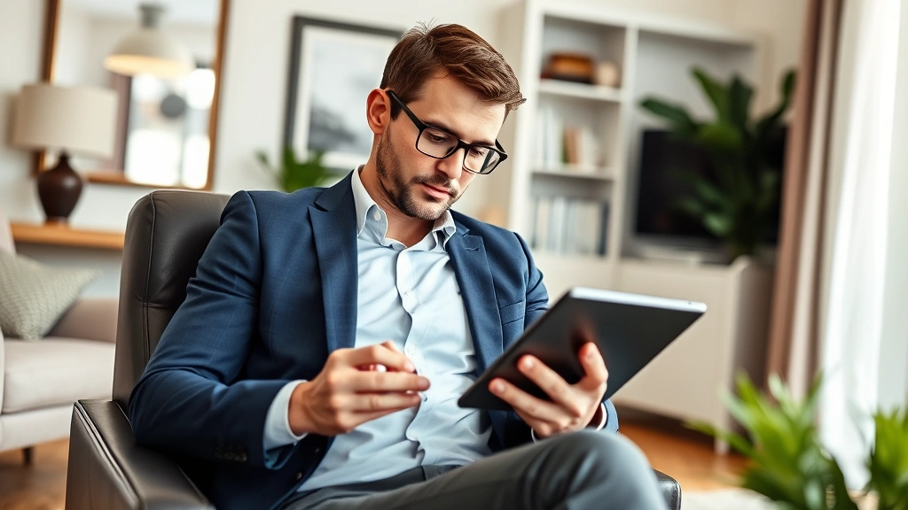 Man in professional clothing reviewing investment portfolio on tablet while sitting in upscale home office, affluent environment, financial independence achievement