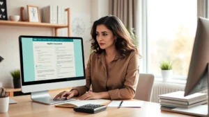 Professional woman sitting at home office desk reviewing health insurance documents on computer screen, natural daylight from window, organized desk with notebook and calculator, focused expression, warm modern interior