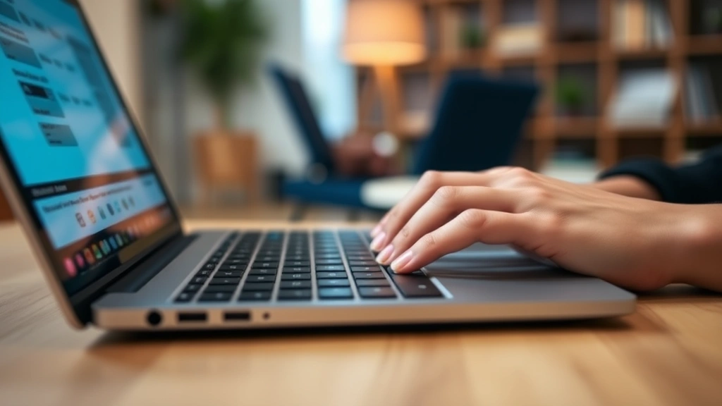 Close-up of hands typing on laptop keyboard entering payment information securely, soft blue light from screen, blurred background showing home office setting, trustworthy financial transaction atmosphere