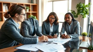 Professional financial advisor meeting with diverse clients in modern office, reviewing investment portfolio documents and charts on desk, morning natural light, confident expressions, wealth growth visualization