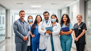 Professional healthcare team in modern hospital setting, diverse medical professionals collaborating in bright clinical environment, emphasizing teamwork and excellence