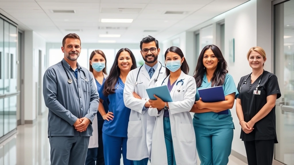 Professional healthcare team in modern hospital setting, diverse medical professionals collaborating in bright clinical environment, emphasizing teamwork and excellence