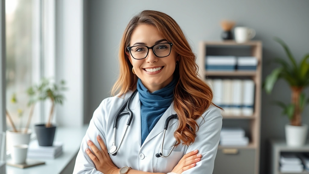 Mid-career healthcare professional in office or clinical setting, confident and accomplished, representing career advancement and professional success in medicine