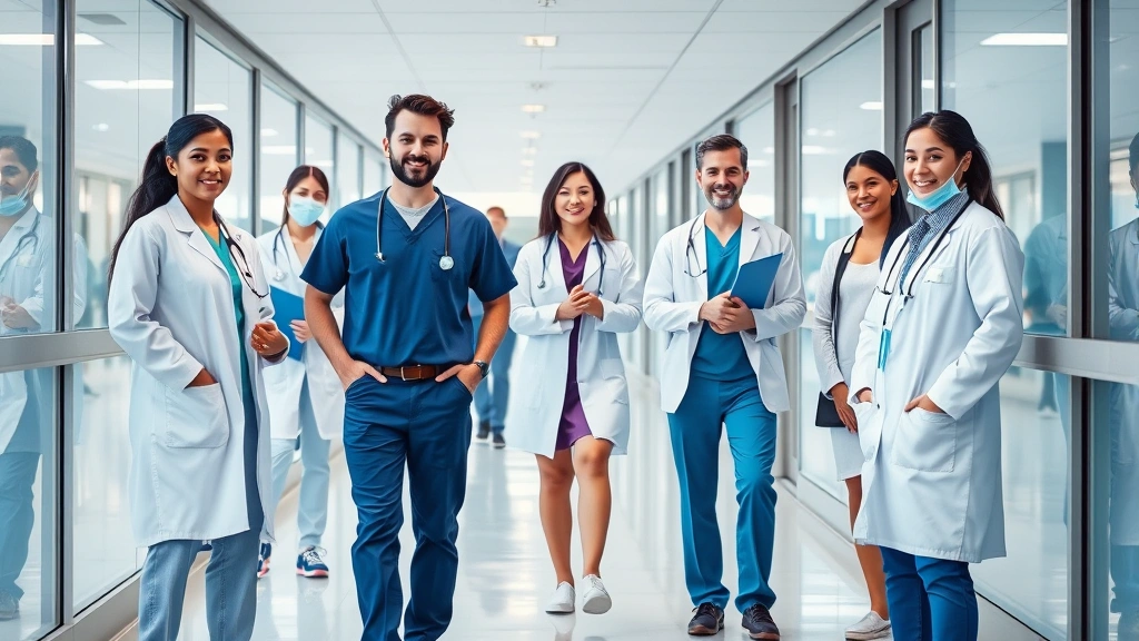 Healthcare professionals in modern hospital corridor or administrative area, depicting organizational growth and career development opportunities in healthcare