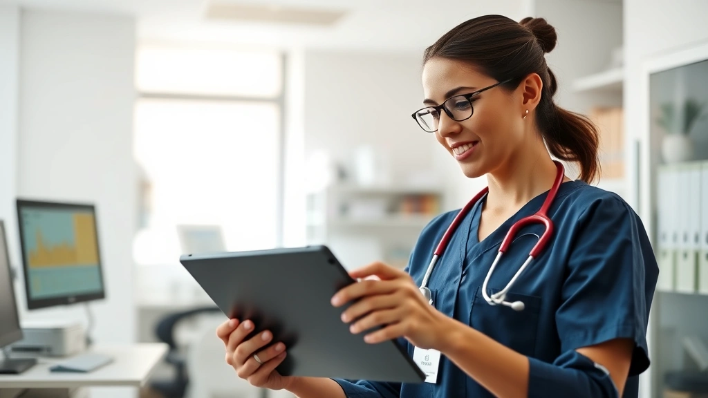 Professional healthcare administrator reviewing patient data on tablet in modern medical office, natural lighting, confident expression, organized workspace with healthcare technology