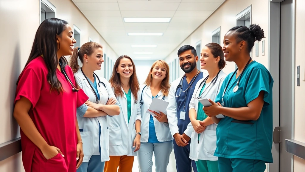 Diverse group of healthcare professionals collaborating in modern hospital corridor, smiling and engaged, wearing scrubs and professional attire, bright clinical setting